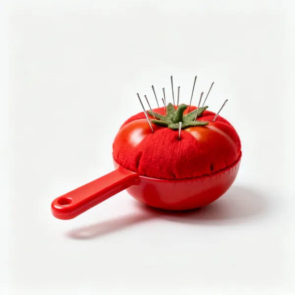 A red tomato pin cushion with pins in it
