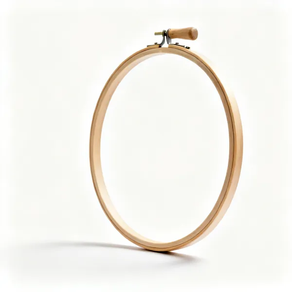 A large round wooden quilting hoop