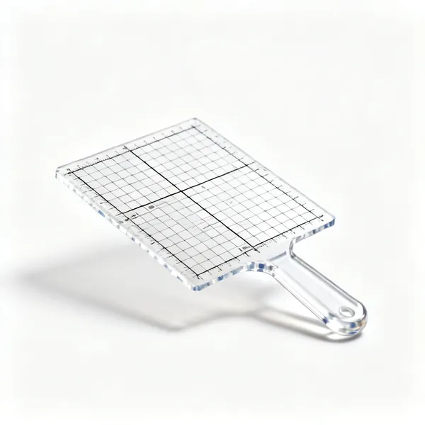 A clear acrylic quilting ruler with a printed grid