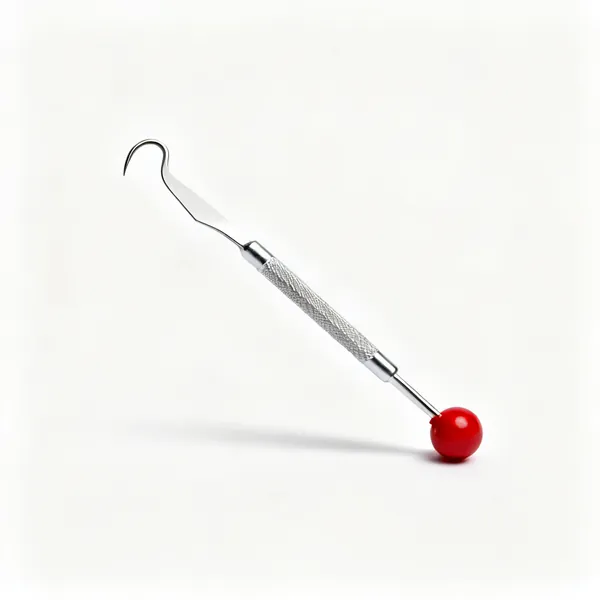 A seam ripper with a hooked blade and a red ball tip
