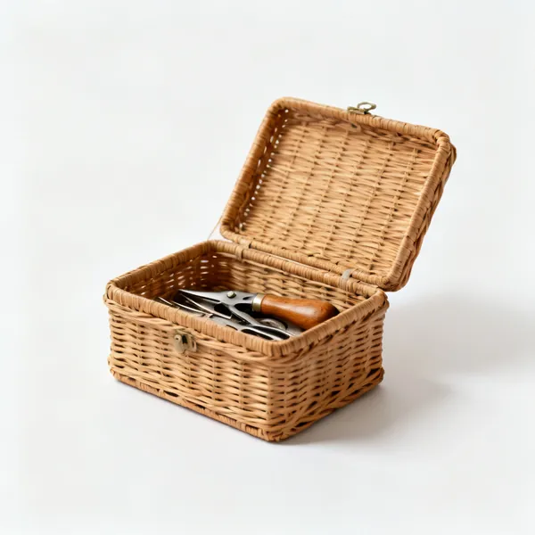 An open wicker sewing box with tools inside