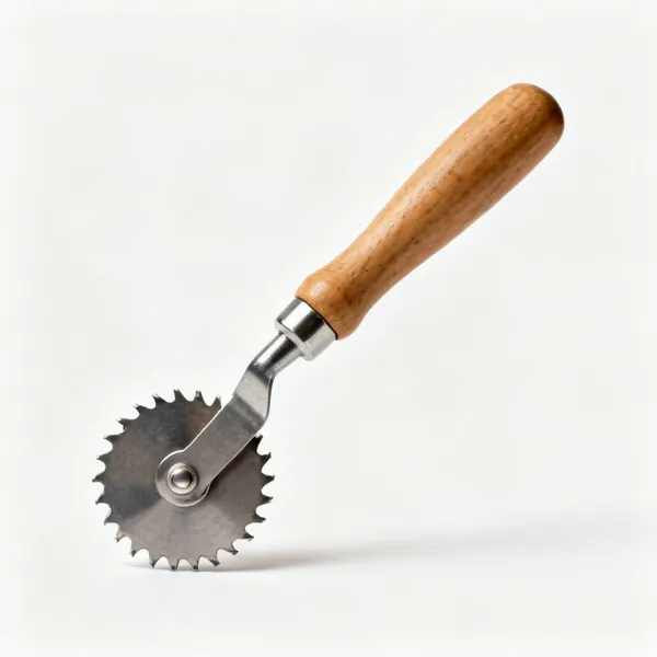 A serrated tracing wheel with a wooden handle