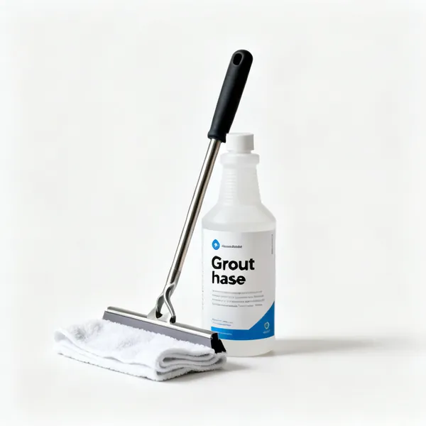 A bottle of grout haze remover with a cloth