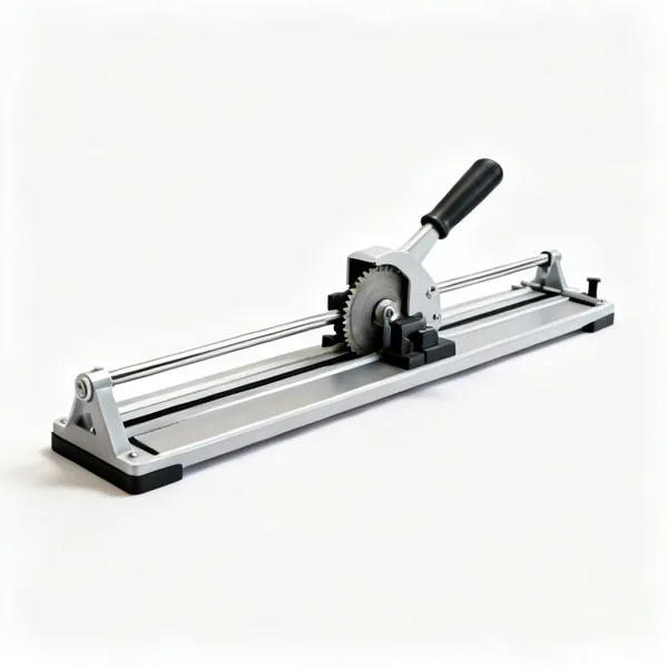 A manual tile cutter with a scoring wheel and rails
