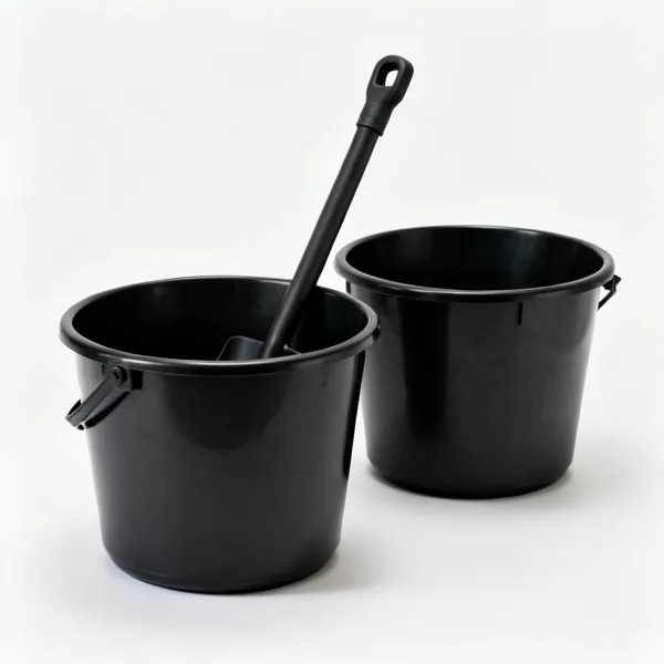 Two black plastic mixing buckets