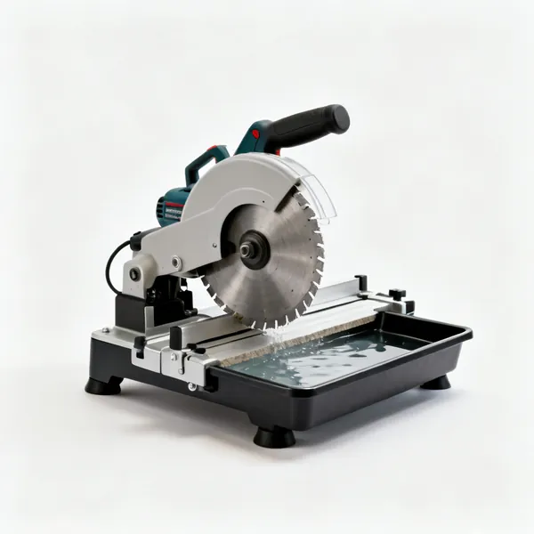 A wet tile saw with a diamond blade and water tray
