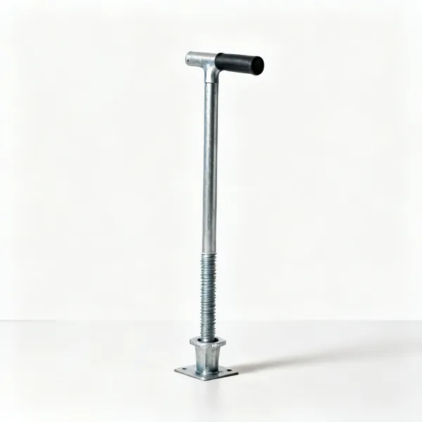 A steel ground anchor bolted to a floor