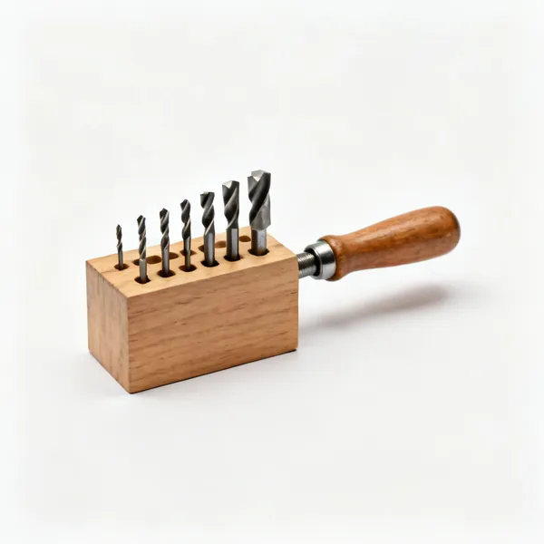 A wooden drill bit holder block with bits