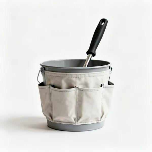 Bucket organiser: A bucket with a pocketed tool organiser sleeve