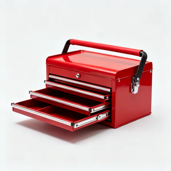 A red cantilever toolbox with the trays open