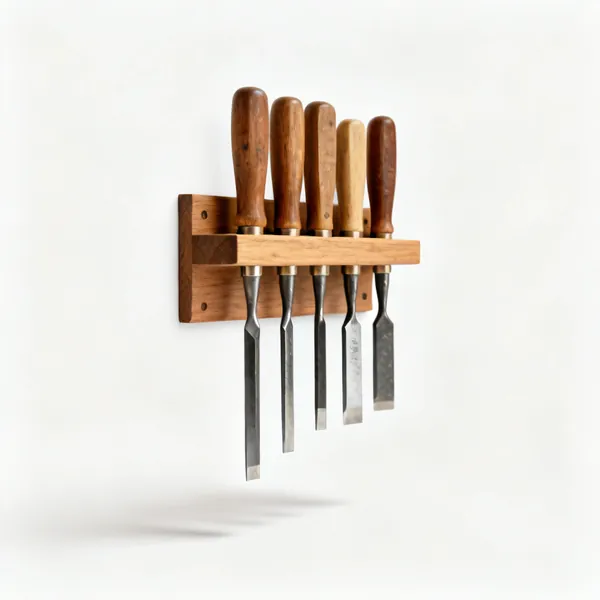Chisel & plane rack: A wooden wall rack holding chisels