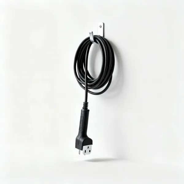Cable & hose hooks: A coiled extension lead hanging on a wall hook