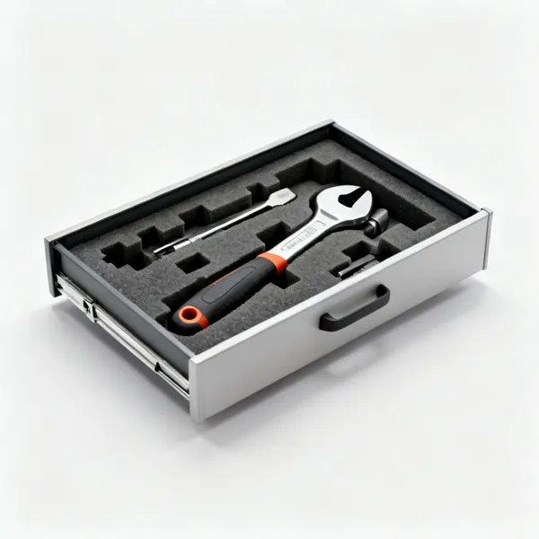 A tool drawer with cut foam inserts holding tools