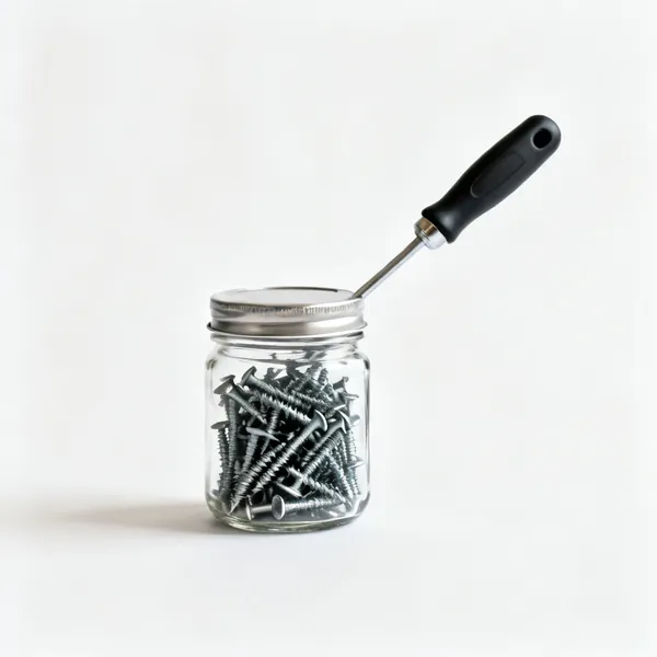 Jars & lid mounts: A glass jar of screws with a metal lid