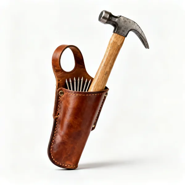 A leather nail pouch with a hammer loop