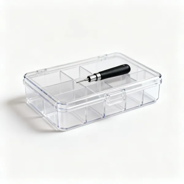 A clear lidded organiser case with compartments