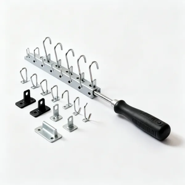 An assortment of pegboard hooks and holders