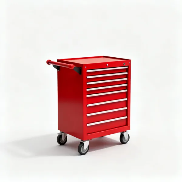 A red roll cabinet tool trolley with drawers