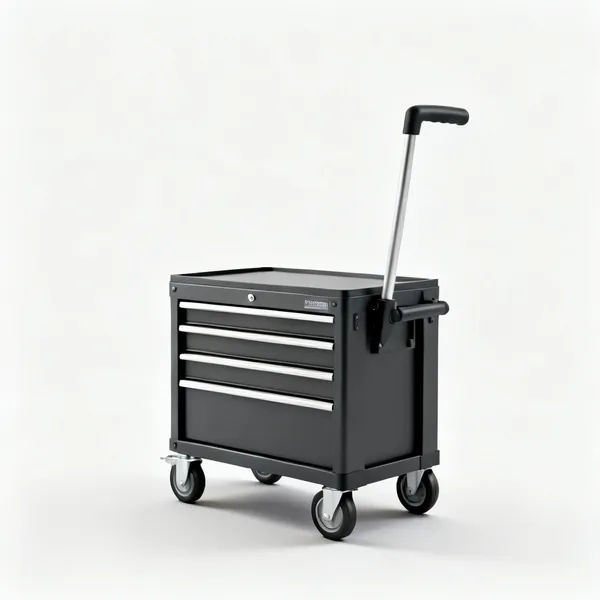 A rolling toolbox with wheels and a handle