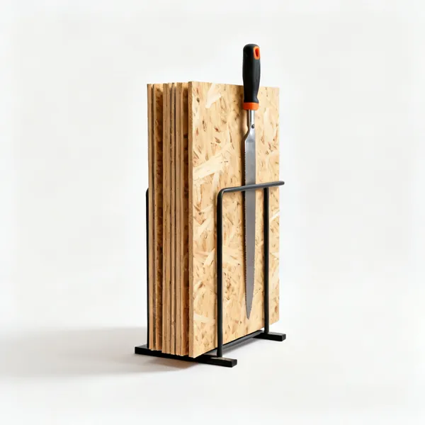 Sheet material rack: A vertical rack holding sheets of plywood