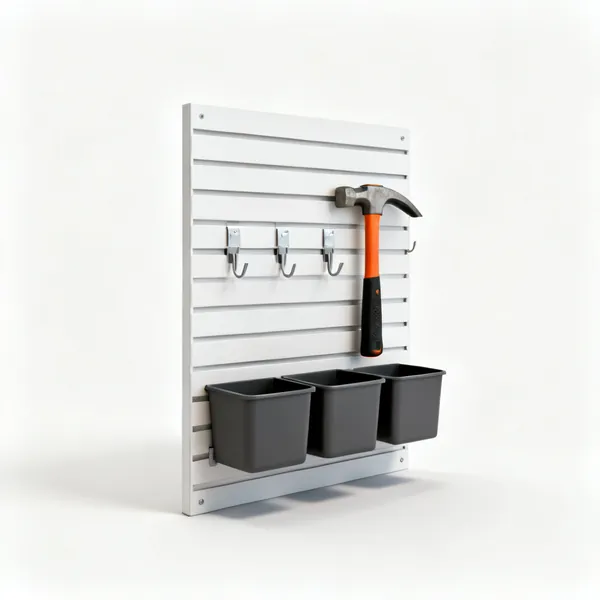 Slatwall panel: A slatwall storage panel with hooks and bins