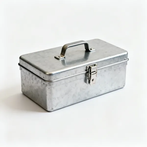 A steel toolbox with a lid and clasp