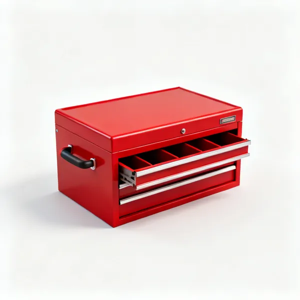 A red tool chest with several shallow drawers