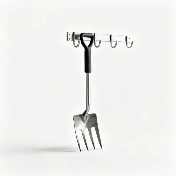 Utility hooks: Steel utility wall hooks holding garden tools