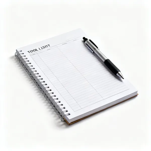 A notebook tool inventory list with a pen