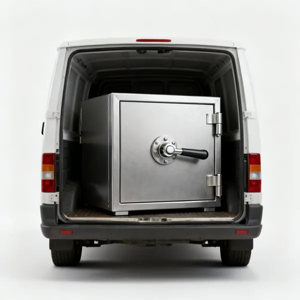 Van security vault: A steel security vault box bolted inside a van