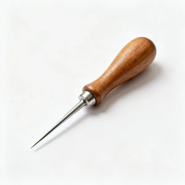 A stitching awl with a wooden handle