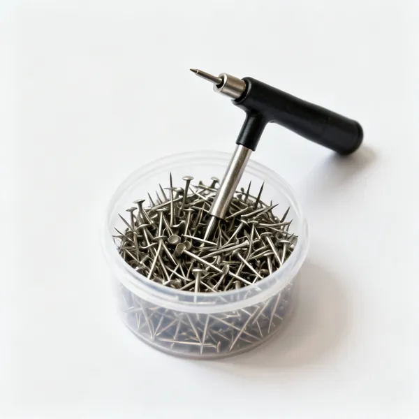 A tub of upholstery tacks