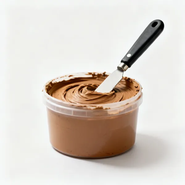 A tub of wood filler with a knife