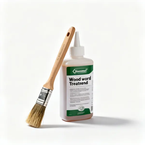 A bottle of woodworm treatment fluid with a brush