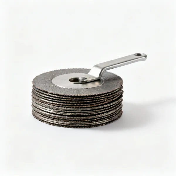 A stack of thin metal cutting discs