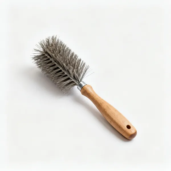 A hand wire brush with a wooden handle