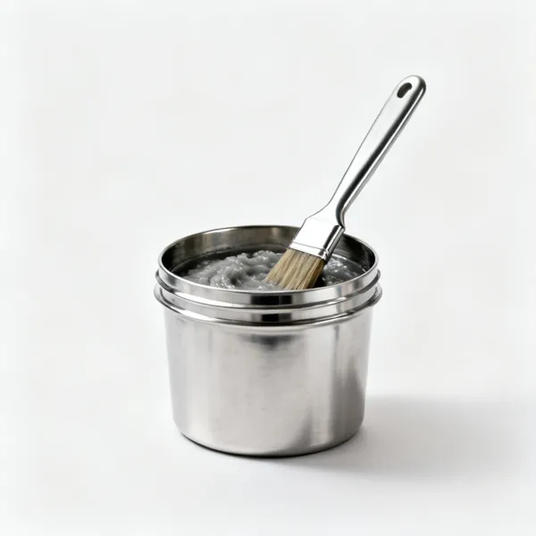 A tub of stainless steel pickling paste with a brush