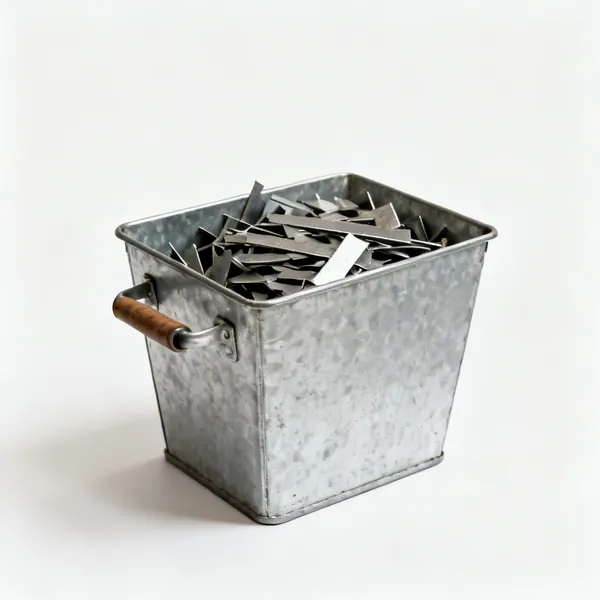 Offcut bin: A metal bin of steel offcuts