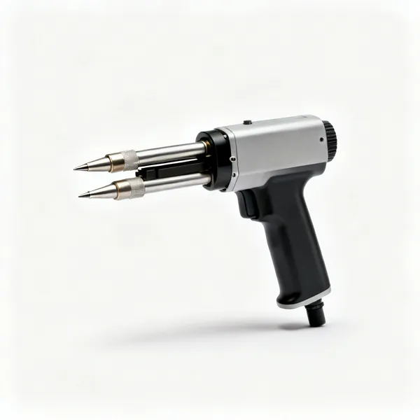 A handheld spot welder with two arms and tips