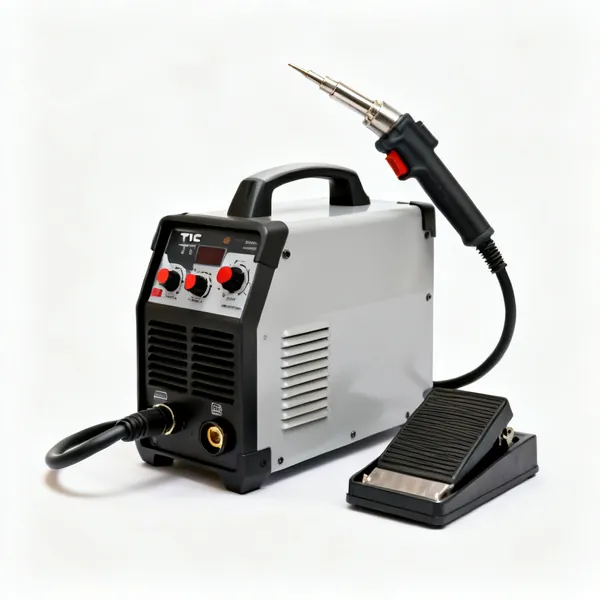 A TIG welder machine with a torch and foot pedal