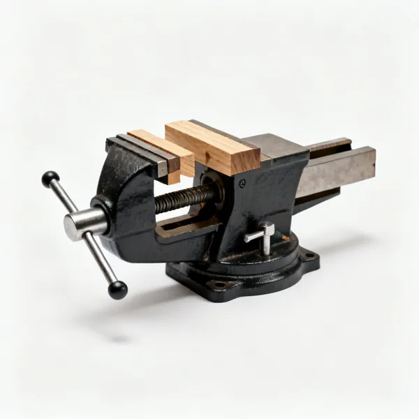 A compact woodworking bench vice with wooden jaw liners