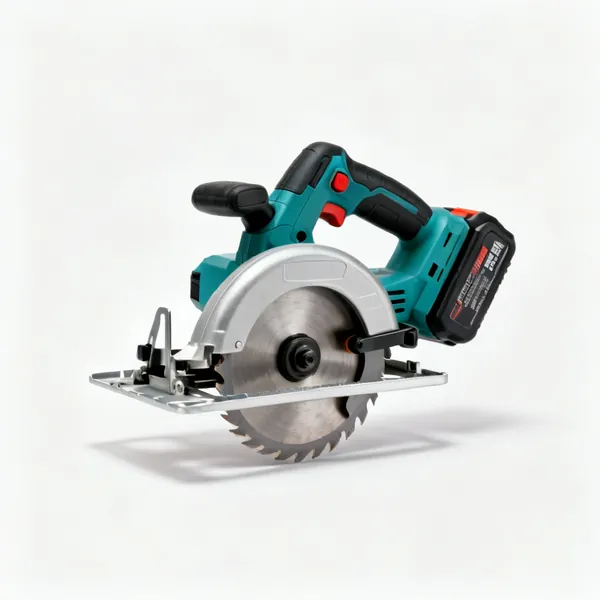 A cordless circular saw with a blade guard, a base plate and a battery