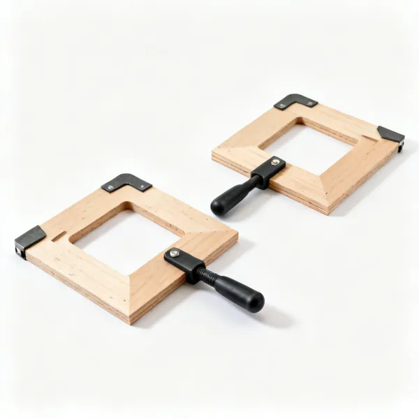 Two L shaped plywood clamping squares with cut out corners