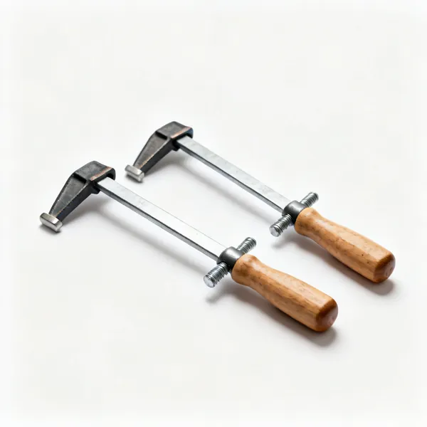 Two F clamps with steel bars and wooden handle screws, laid diagonally