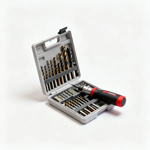 Drill bit set: An open case of assorted drill bits for wood metal and masonry
