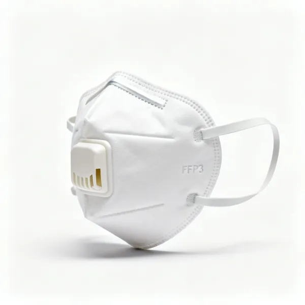 A white FFP3 respirator dust mask with two straps and a nose clip