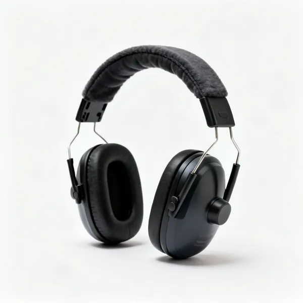 A pair of over ear protective ear defenders with a padded headband
