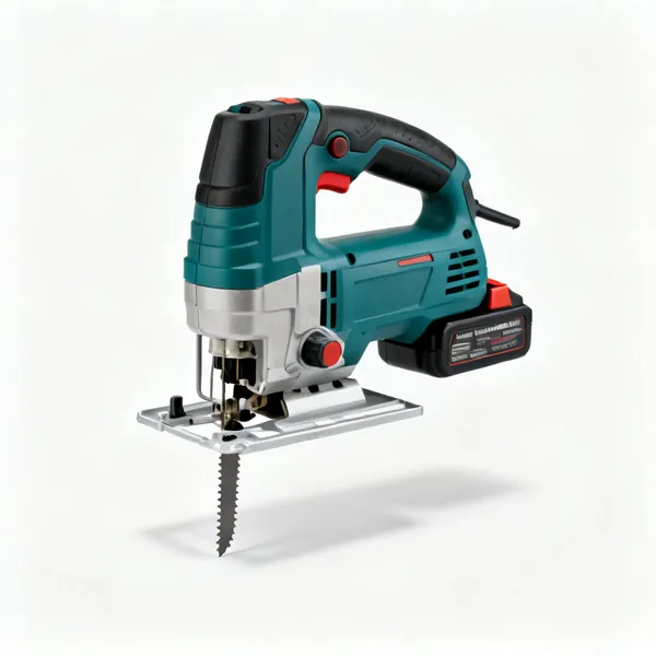 A cordless jigsaw with a blade fitted, a base plate and a battery