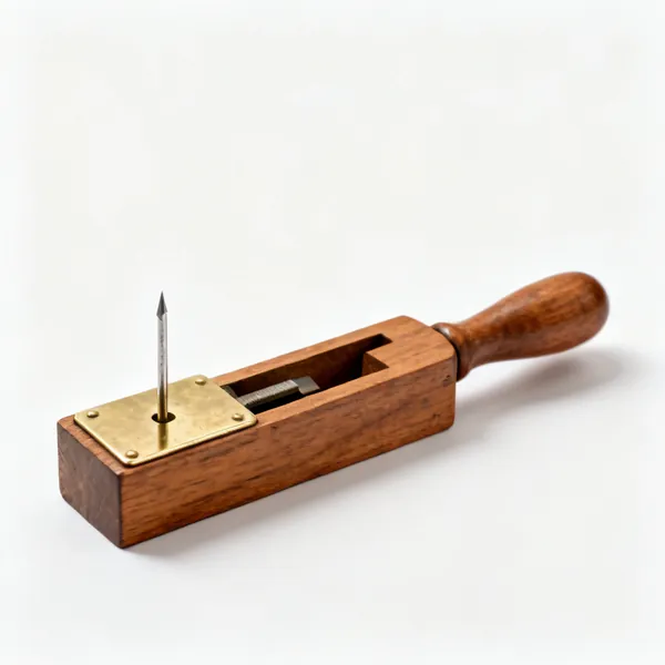 A wooden marking gauge with a brass faced stock and a scribing pin
