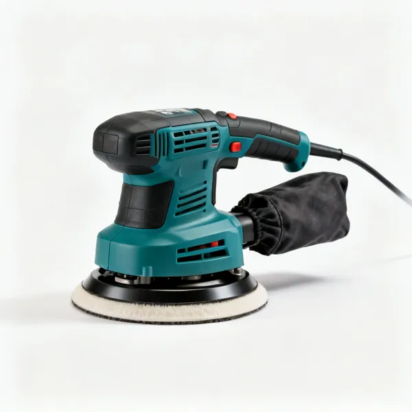 A cordless random orbit sander with a round pad and a dust bag